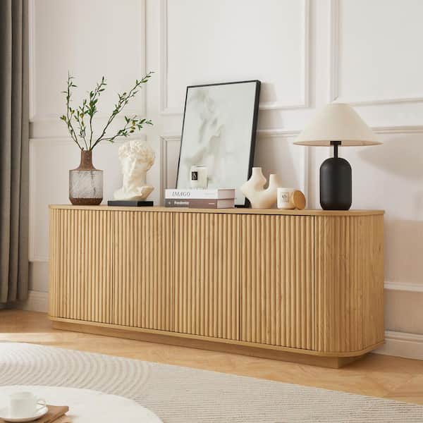 64 in. Wood Pantry Organizer Wooden Vertical Striped Cabinet with Wave Pattern in Natural