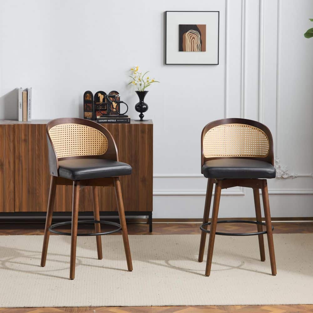 Hemingway 26 in. Black PU Leather Upholstered Solid Wood Frame Low Back Swivel Bar Stools, Dark Walnut Finish (Set of 2) price history on PriceWatchPro