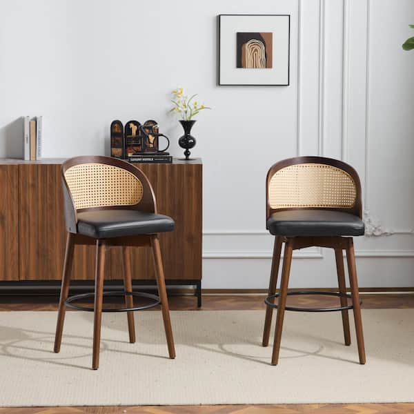 CHRISTOPHER KNIGHT HOME Hemingway 26 in. Black PU Leather Upholstered Solid Wood Frame Low Back Swivel Bar Stools, Dark Walnut Finish (Set of 2)