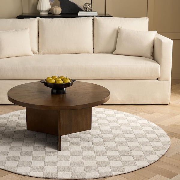 Martha Stewart 6 ft. x 6 ft. Beige/Ivory Check Round Rug