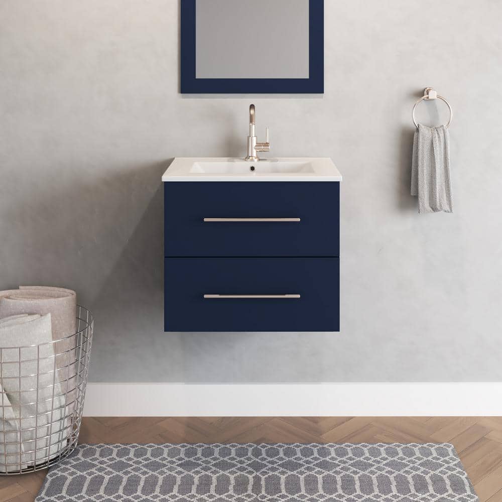 Napa 24 in. W. x 18 in. D Single Sink Bathroom Vanity Wall Mounted in Navy Blue with Ceramic Integrated Countertop price history on PriceWatchPro