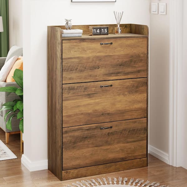 48 in. H x 31.5 in. W Brown Particleboard Shoe Storage Cabinet with 3-Flip Drawers, 24-Pairs Shoe Cabinet for Entryway