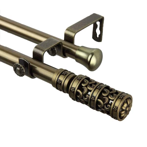 Rod Desyne 120 in. - 170 in. Telescoping Double Curtain Rod Kit in Antique Brass with Whirl Finial