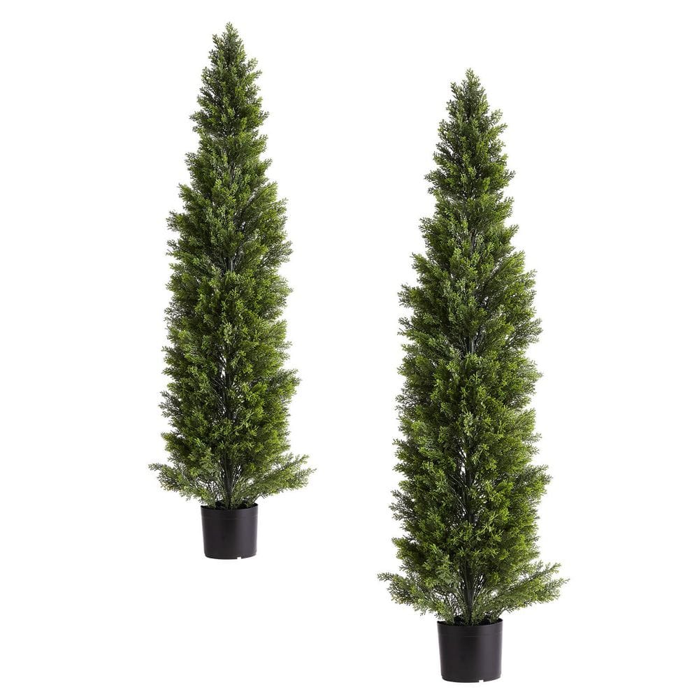5 ft. Green Plastic Artificial Topiary Cedar Trees 2 Set Faux Pine Shrubs Plant for Decor In/Outdoor