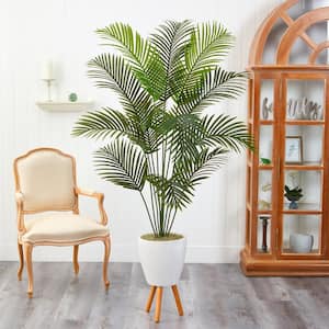 6.5 ft. Golden Cane Artificial Palm Tree in White Planter with Stand
