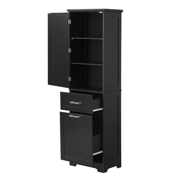 68.4 in. Tall Bathroom Storage Cabinet Black Freestanding Linen Cabinet with 2 Different Size Drawers ＆ Adjustable Shelf