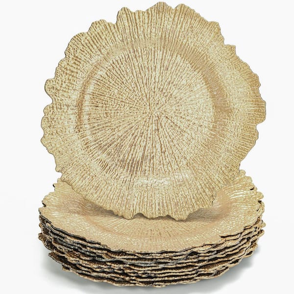 12-Piece Round Plastic Reef Plate Chargers with Flora Reef Design for Wedding, Dinner and Party, Gold