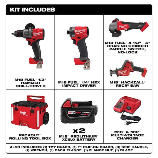 M18 FUEL 18V Lithium-Ion Brushless Cordless Combo Kit w/ (2) 5.0 Ah Battery, Charger, & PACKOUT Tool Box (4-Tool)