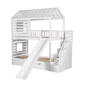 Twin over Twin White Roof and Window Design House Bunk Bed with Trundle Bed&Slide&Storage Staircase