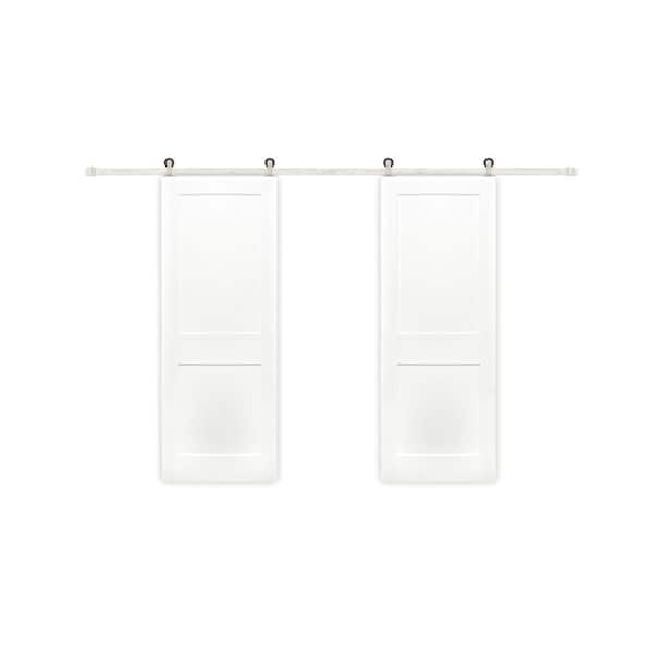 Pacific Entries 60 in. x 80 in. Bi-Part Shaker 2-Panel Solid Core Primed Pine Sliding Barn Door with Satin Nickel Hardware Kit