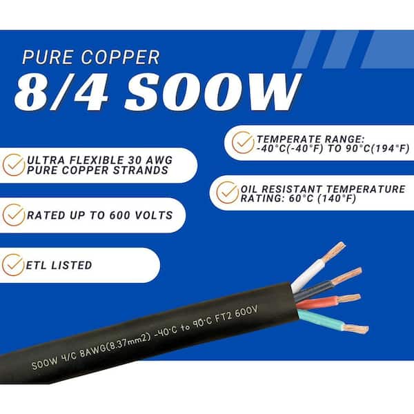 WindyNation 75 ft. 8/4 8 Gauge 4 Conductor 600-Volt Black SOOW