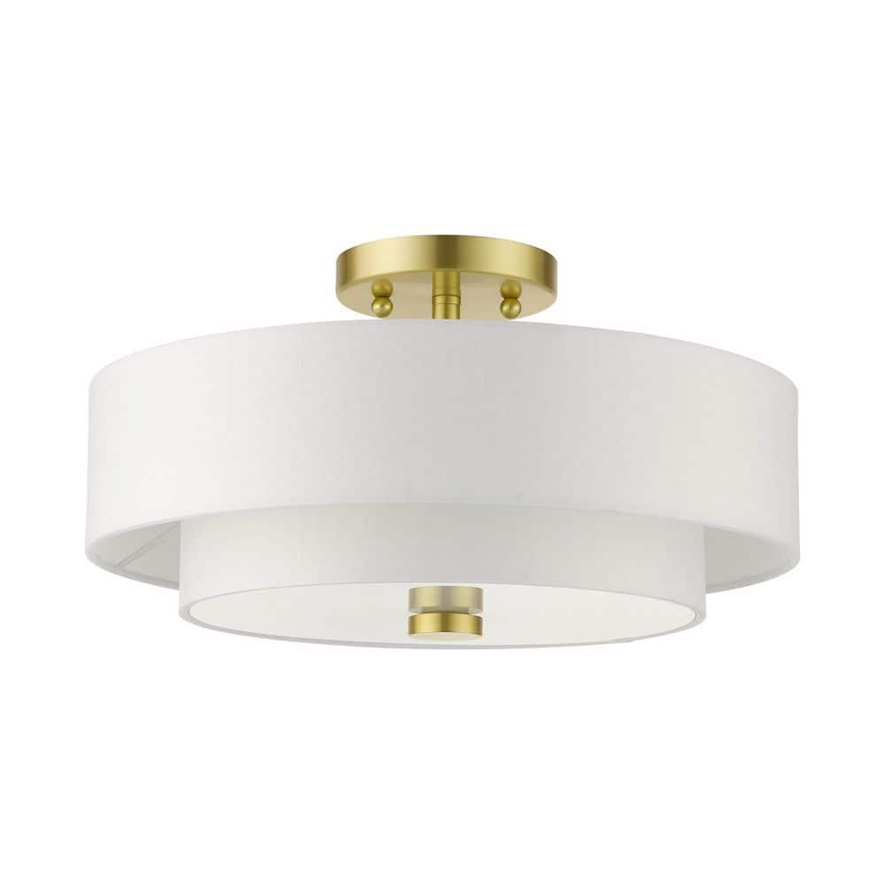 Satin Brass Modern 3-Light Semi-Flush Drum Light with Off-White Shade