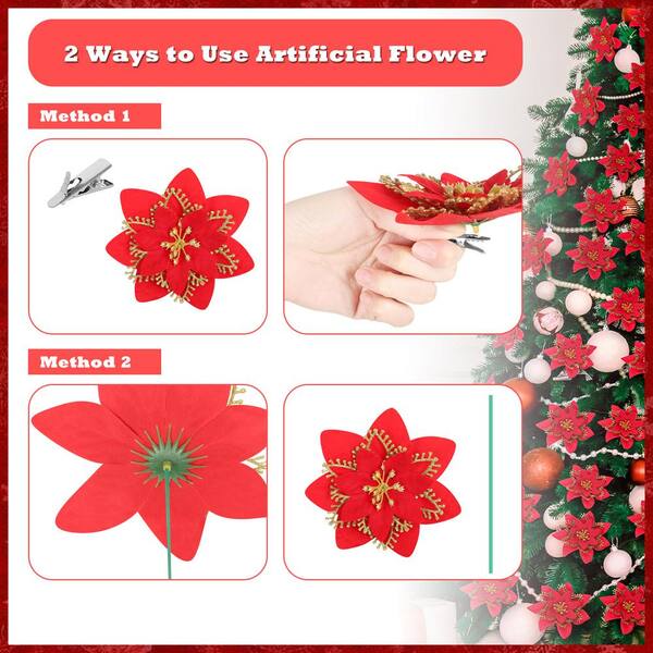Oumilen 5.5 in. Artificial Poinsettia Christmas Tree Centerpiece Ornaments Decorations, Red and Gold (12-Pack)