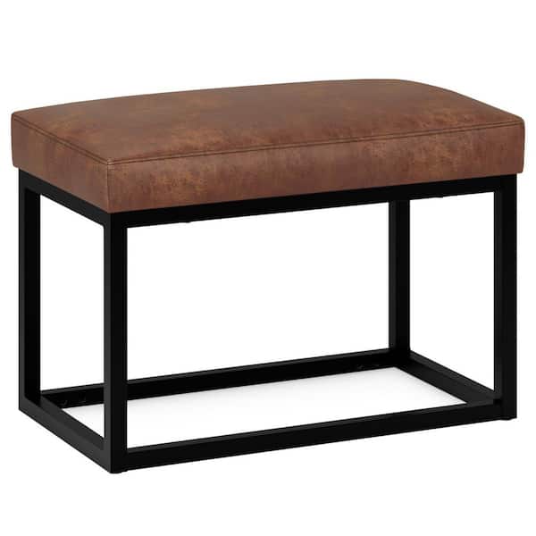 Simpli Home Reynolds 26 inch Wide Contemporary Rectangle Small Bench in Distressed Saddle Brown Faux Leather