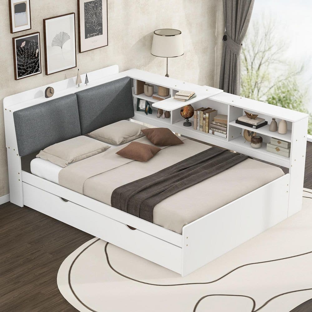 Cub White Wood Frame Full Size Daybed with Rotatable Board, Upholstered Hidden Storage Headboard, Trundle, Shelves price history on PriceWatchPro
