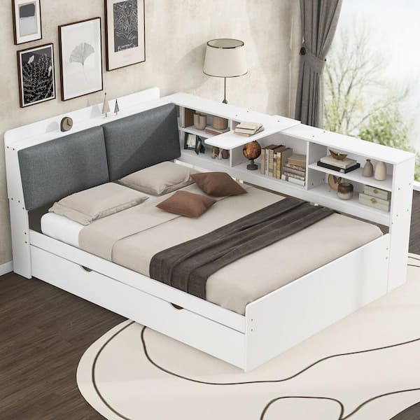 Cub White Wood Frame Full Size Daybed with Rotatable Board, Upholstered Hidden Storage Headboard, Trundle, Shelves