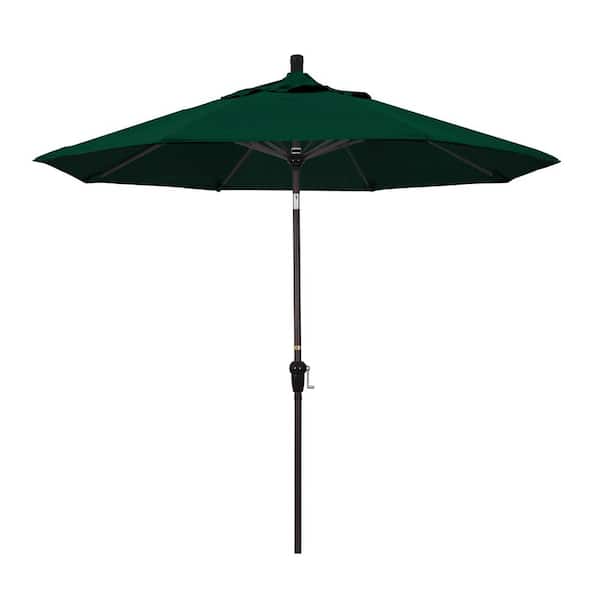 California Umbrella 9 ft. Bronze Aluminum Pole Market Aluminum Ribs Auto Tilt Crank Lift Patio Umbrella in Forest Green Sunbrella