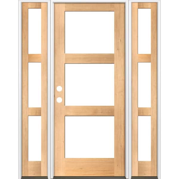 Krosswood Doors 64 in. x 96 in. Modern Hemlock Right-Hand/Inswing 3-Lite Clear Glass Clear Stain Wood Prehung Front Door with Sidelites