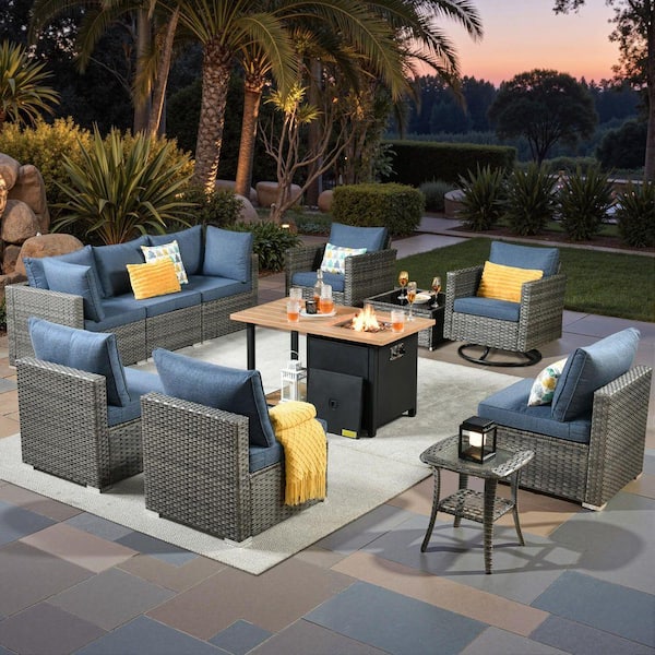 Sanibel Gray 11-Piece Wicker Outdoor Patio Conversation Sofa Set with a Storage Fire Pit and Denim Blue Cushions