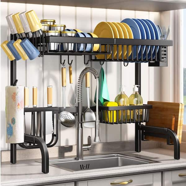 2-Tier Metal Steel Dish Drying Racks with Hooks, 25.5 in. to 33.5 in. Over the Sink Dish Drying Rack for Kitchen