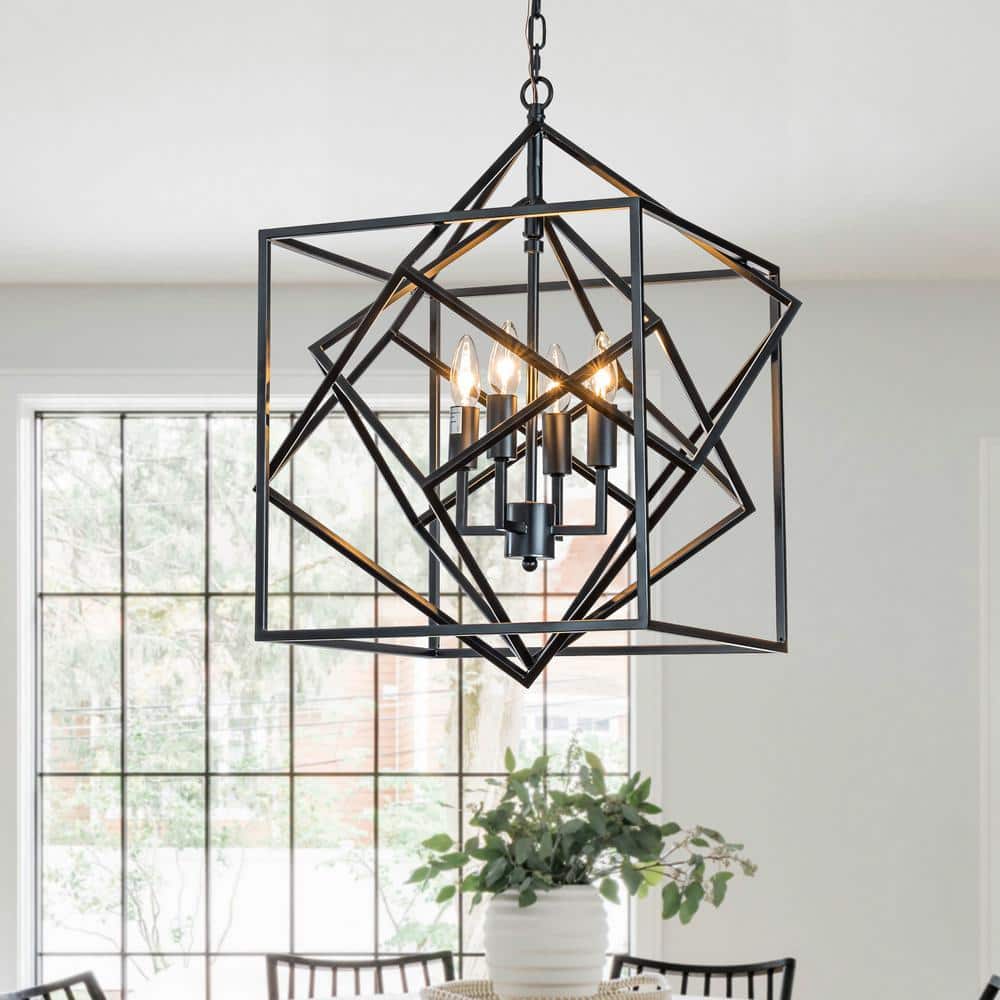 22 in. 4-Light Modern Geometric Chandelier Metal Caged Ceiling Hanging Pend