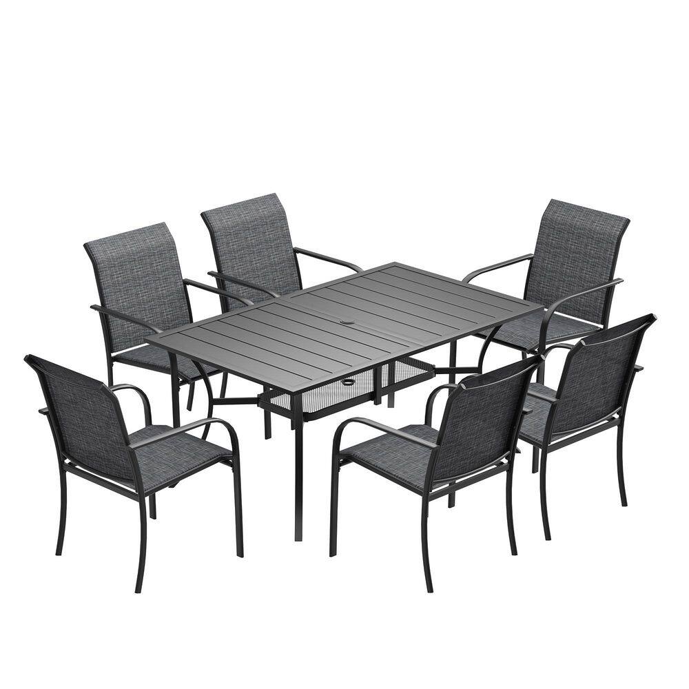 7-Piece Patio Dining Set with 59.2 in. Black Metal Rectangular Table and 6-Grey Stackable Dining Chairs for Backyard price history on PriceWatchPro