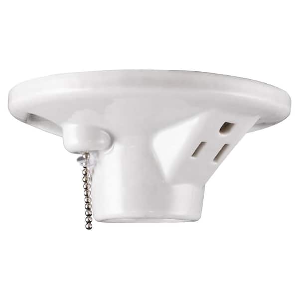 GE Porcelain Lampholder with White Pull Chain and Grounded Outlet