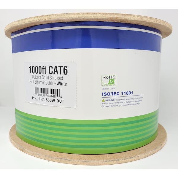 Micro Connectors, Inc 1000 ft. White 23 AWG Solid Shielded CAT6 UV  Resistant Bulk Ethernet Cable TR4-560W-OUT - The Home Depot