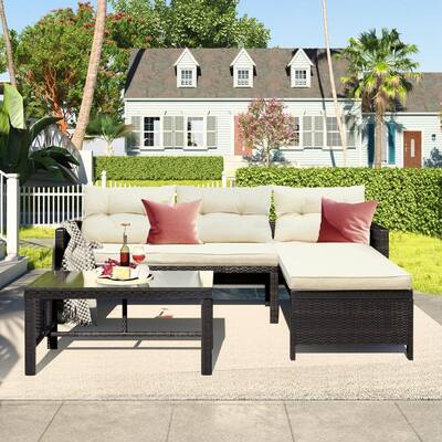 Brown 3-Piece Wicker Outdoor Patio Conversation Seating Set with Beige Cushions