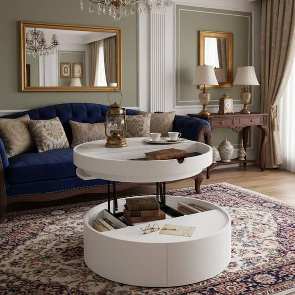 RHMA 29.5 in. Round Marble White MDF Lift-Top Coffee Table with Hidden Storage and Drawer for Living Room