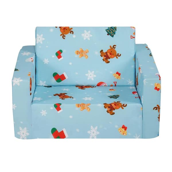 Kids Couch, 2-in-1 Toddler Chairs Comfy, Toddler Couch Sofa Bed Fold Out, Convertible Sofa to Lounger, Sky Blue Cushion