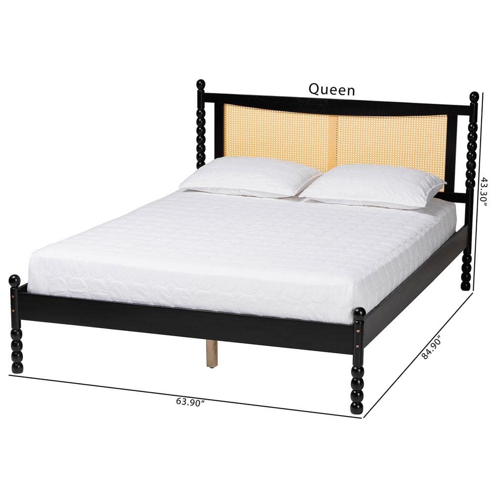 Okena Black Wood Queen Platform Bed with Woven Rattan Headboard