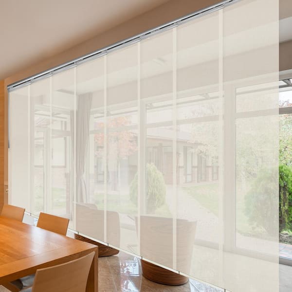 EMOH Ivory Mesh 130 in. - 175 in. W x 116 in. L Adjustable 8-Panel Satin Nickel Double Rail Panel Track with 23.5 in. Slates