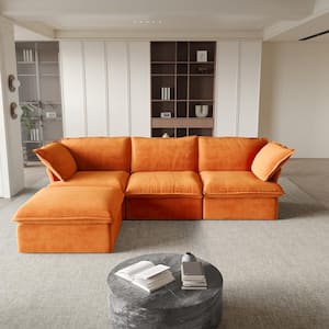 123 in. Orange Flared Arm 4-Piece Linen Modular Down-Filled Free Combination Sectional Sofa with Ottoman