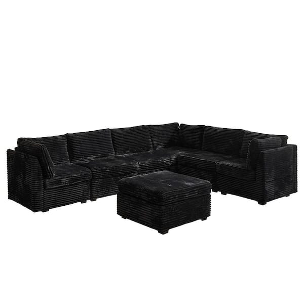 k*u様 【ブラック/M】FreshService CORDUROY SET U Black Corduroy Modular Sectional Sofa w/Pillows & USB, T-pyce Port