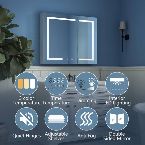 36 in. W x 30 in. H Medium Rectangular Silver Aluminum Recessed/Surface Mount Medicine Cabinet with Mirror and LED