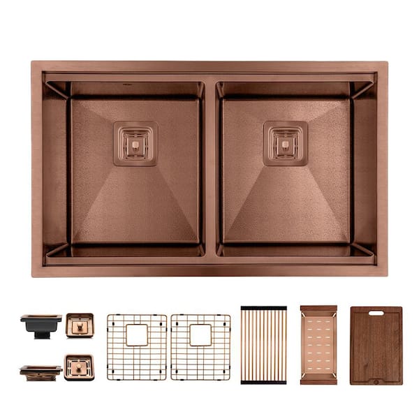 S STRICTLY KITCHEN + BATH 32 in. Undermount Double Bowl 16-Gauge Copper Leather Textured Stainless Steel Workstation Kitchen Sink with Accessories