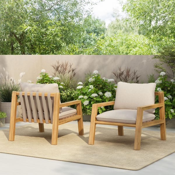 Roman Acacia Wood and Rope Weave Patio Outdoor Lounge Chair with Beige Cushions, Light Teak Finish, (Set of 2)