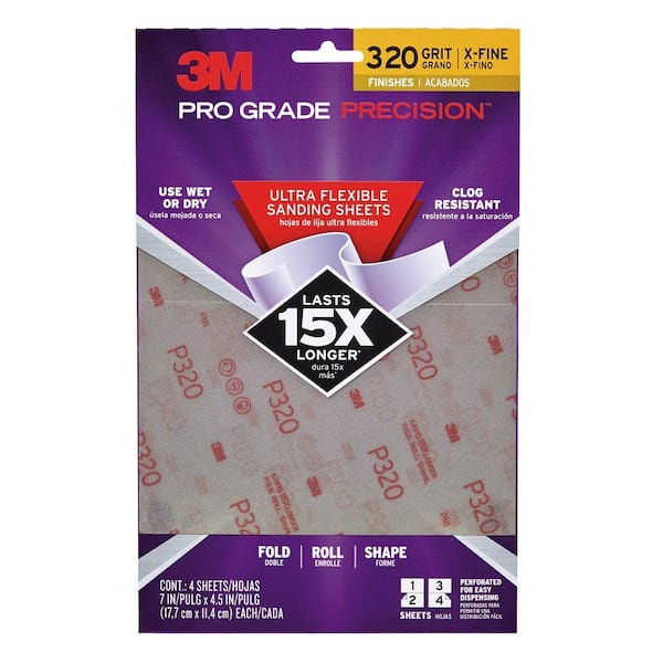 3M Pro Grade Precision 4.5 in. x 7 in. 320 Grit Extra Fine Ultra Flexible Sanding Sheets (4-Pack)