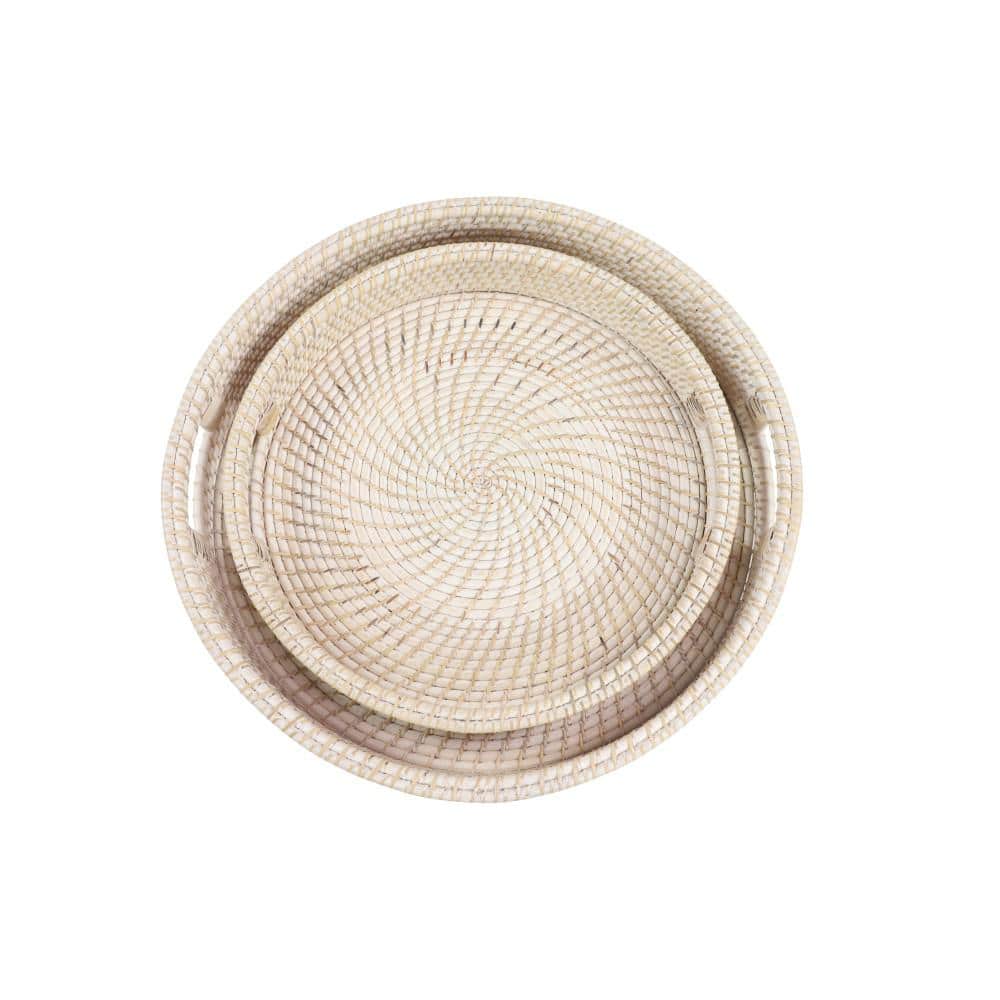 Cream Checkered Round Rattan Decorative Tray Set, 20" and 16"