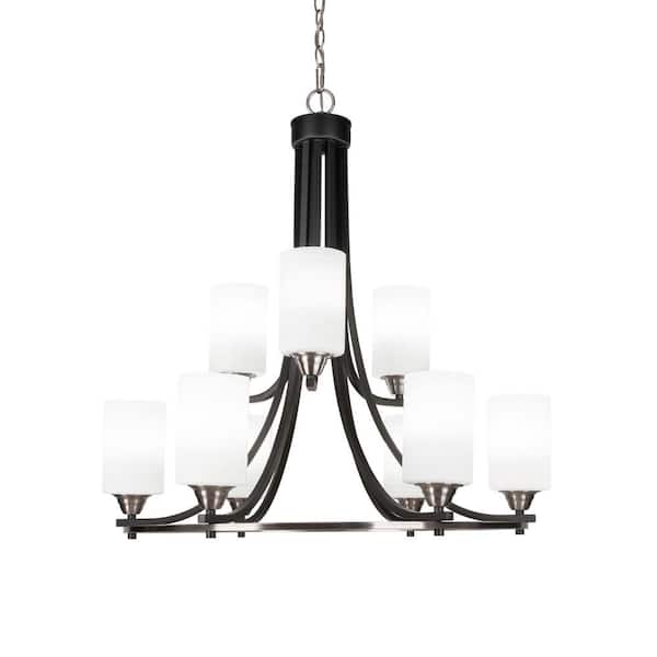 Unbranded Madison 9-Light Matte Black and Brushed Nickel Round Chandelier with 4 in. White Matrix Glass Shades, No bulbs included