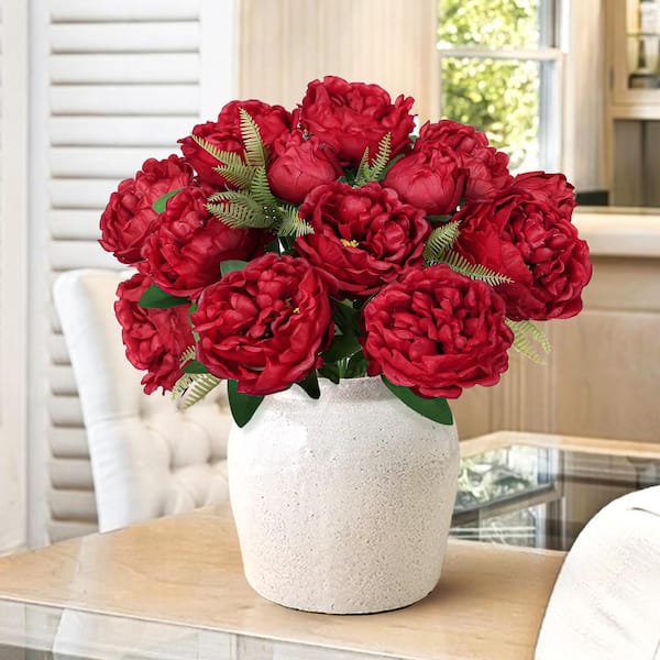 20 in. Red Artificial Lush Peony Flower Stem Bush Bouquet (Set of 2)
