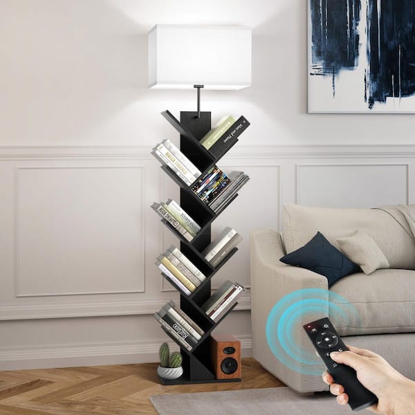 BICIK 60 in. Black Standard 1-Light Dimmable Tree Shape Bookshelf Floor Lamp with Color Temperature and Linen Shade