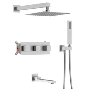 3-Spray 12 in. Square Rain Shower Head with Hand Shower and Tub Faucet in Brushed Nickel (Valve Included)