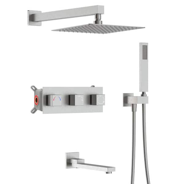 GIVING TREE 3-Spray 12 in. Square Rain Shower Head with Hand Shower and Tub Faucet in Brushed Nickel (Valve Included)
