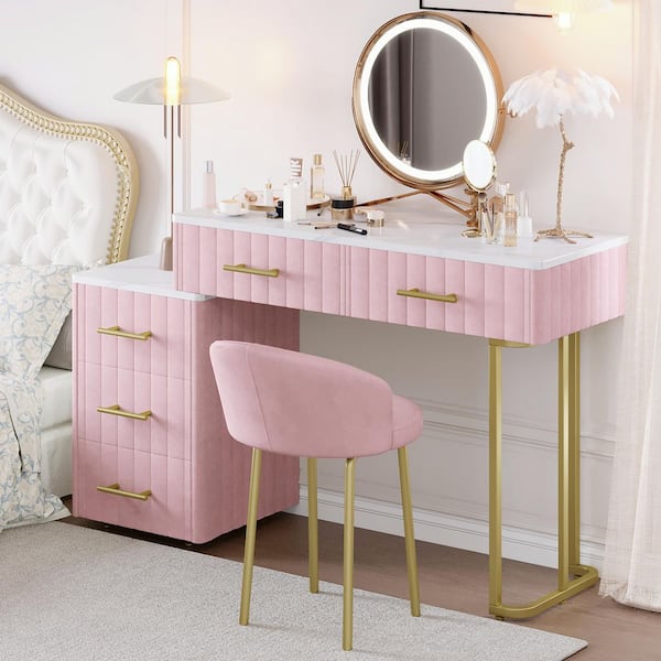 2-Piece Pink Velvet Upholstered Makeup Vanity Set with 5 Drawers, Marble-Look Sticker Top, Padded Chair (No Mirror)