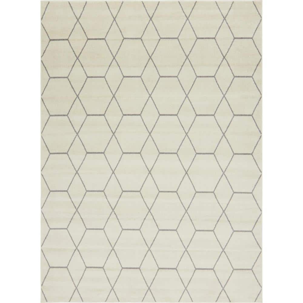 Ivory and Gray Trellis Synthetic Stain-Resistant Area Rug 9' x 12'