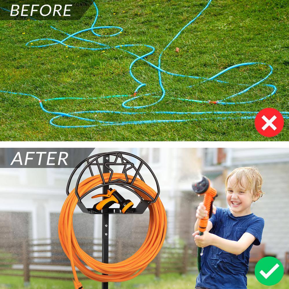 Black Powder-Coated Steel Freestanding Garden Hose Holder with Star Design