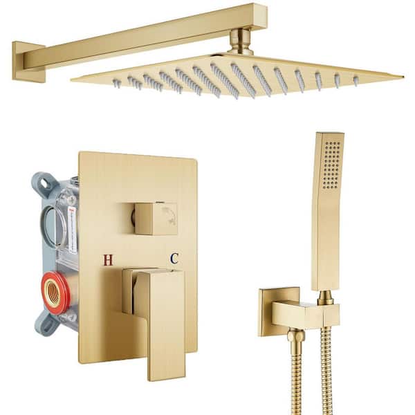 1-Spray Shower Faucet 1. 8 GPM Square High Pressure Wall Bar Shower System with Valve and Hand in Brushed Gold