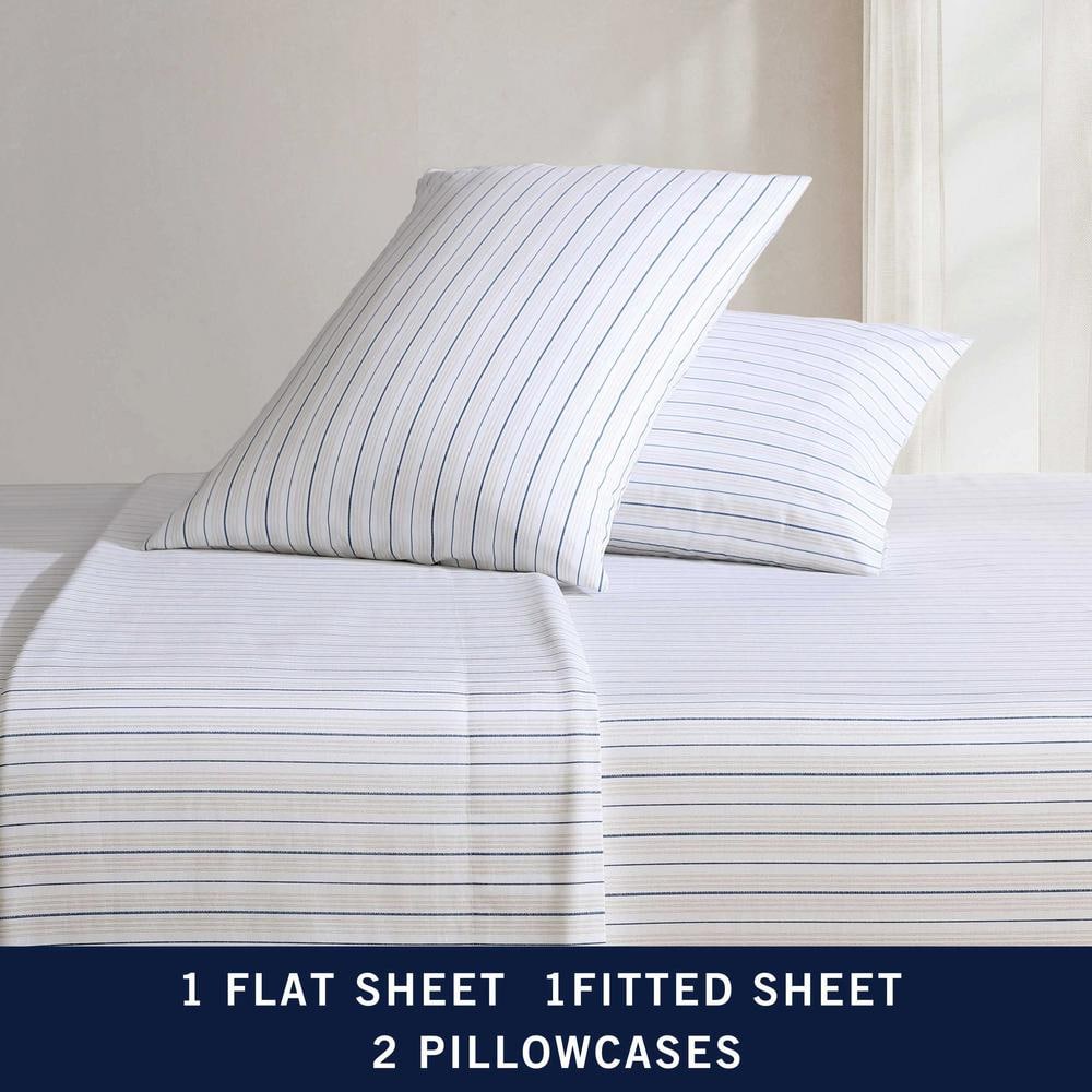 Twin XL Beige and Navy Cotton Percale Stripe Sheet Set